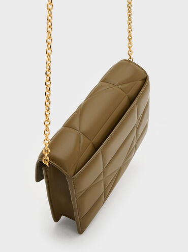 Blanche Chevron Chain-Strap Clutch, Khaki, hi-res