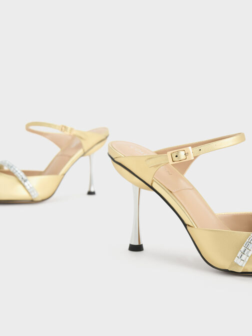 Demi Leather Gem-Embellished Heeled Mules, Gold, hi-res