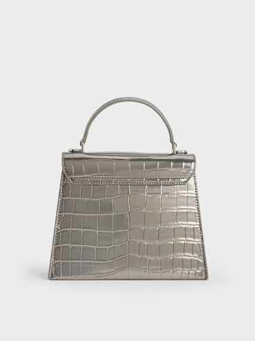 Samantha Metallic Croc-Effect Envelope Top Handle Bag, Pewter, hi-res