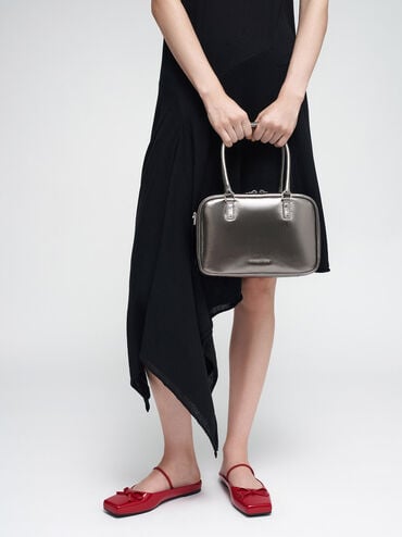 Sianna Metallic Crinkle-Effect Bowling Bag, Pewter, hi-res