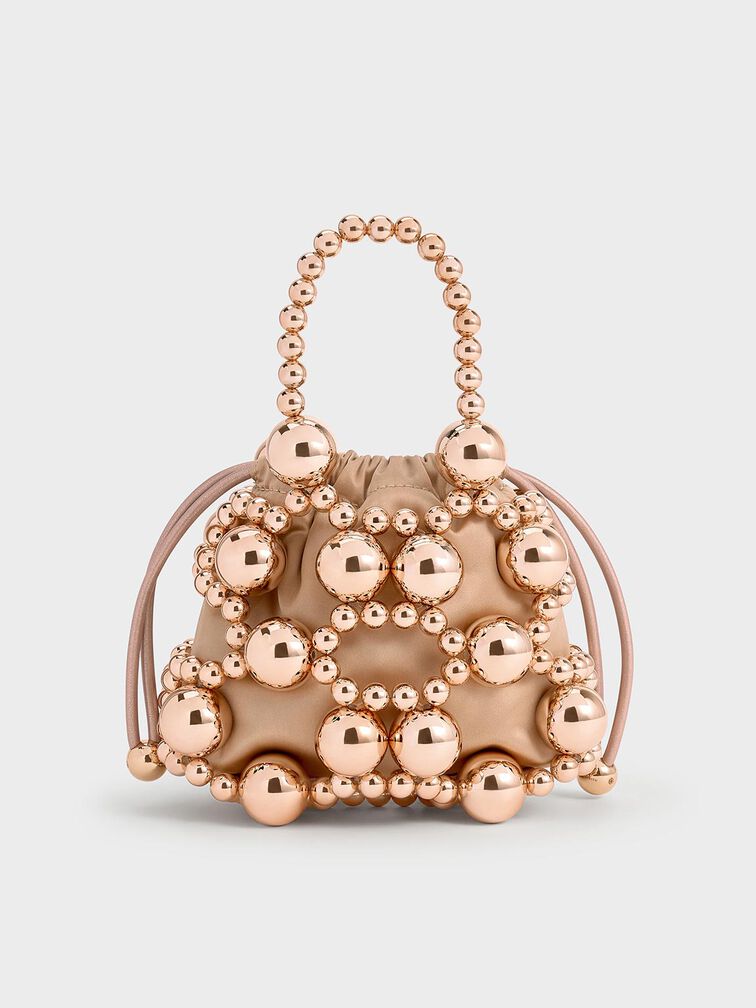 Metallic Beaded Top Handle Bag, Rose Gold, hi-res