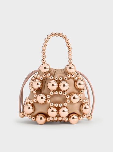 Metallic Beaded Top Handle Bag, Rose Gold, hi-res