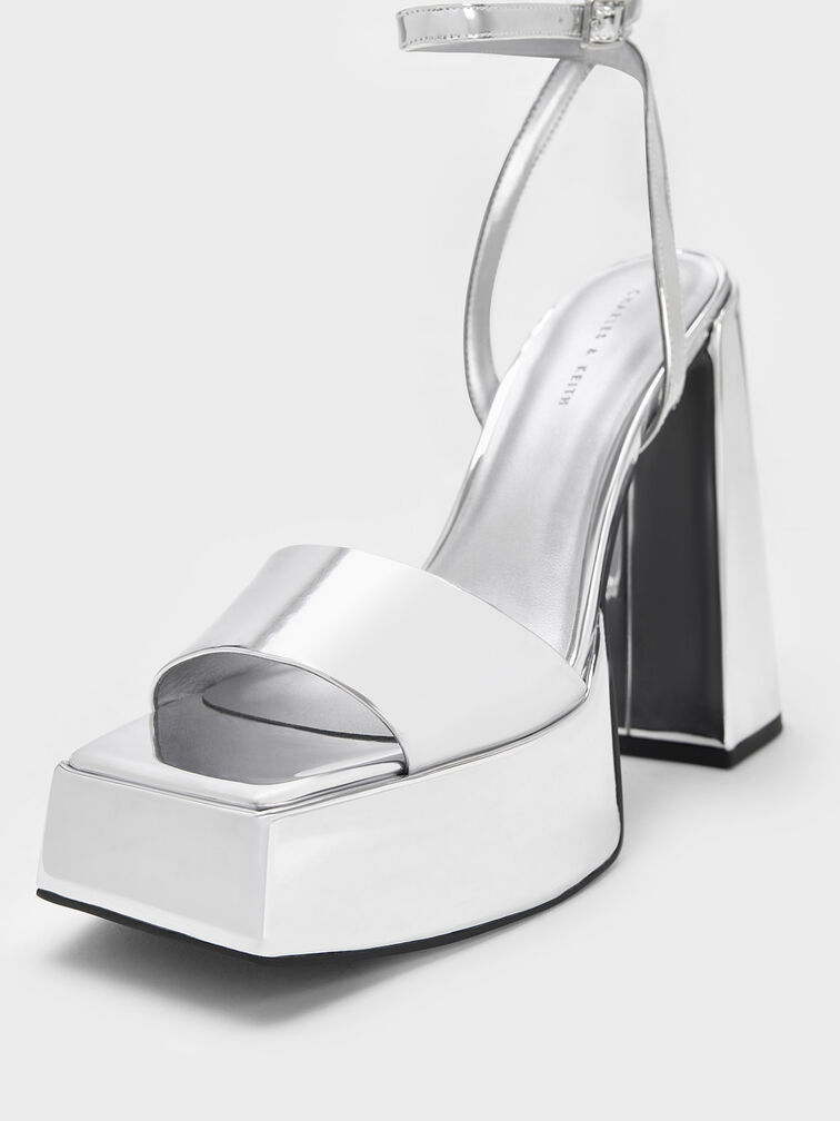 Metallic Platform Ankle-Strap Sandals, Silver, hi-res