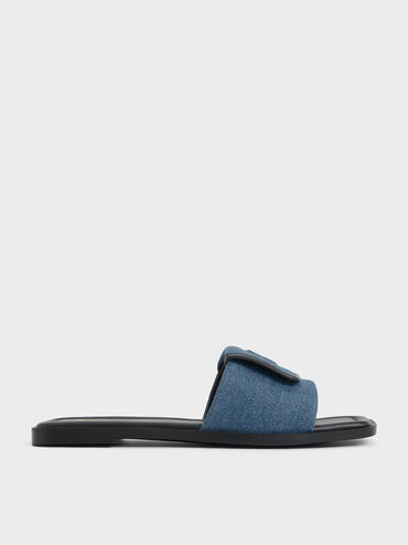 Leather & Denim Slide Sandals, Blue, hi-res
