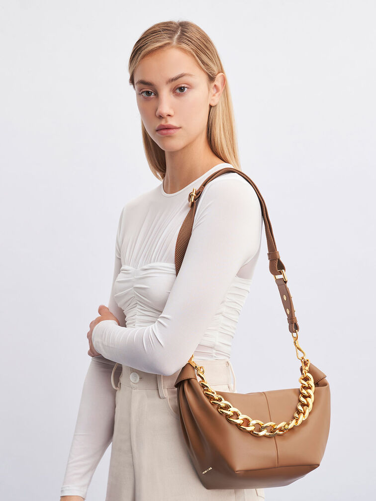 Chunky Chain Link Hobo Bag, Chocolate, hi-res
