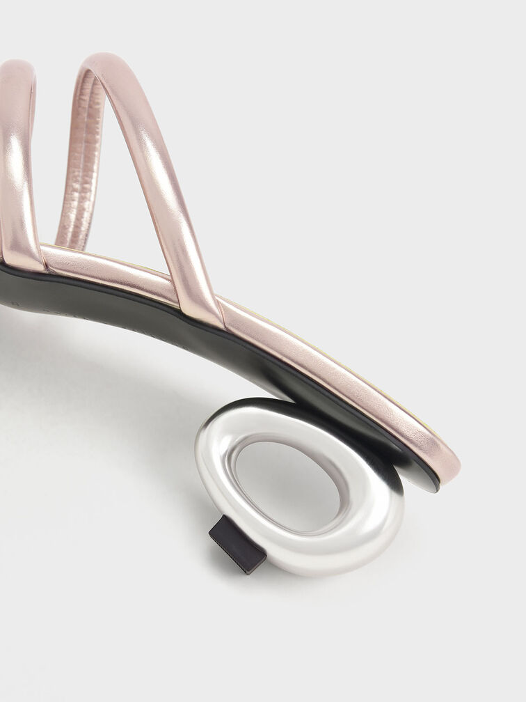 Sculptural Heel Metallic Tubular Mules, Rose Gold, hi-res