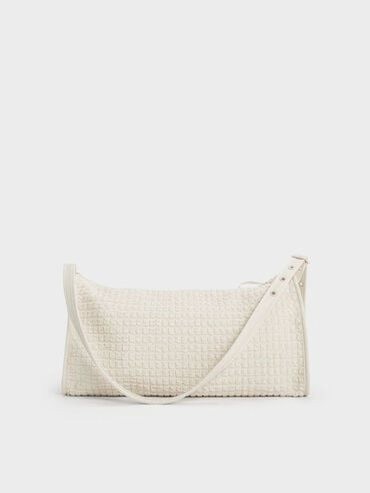 Textured Elongated Shoulder Bag, Frosted White, hi-res