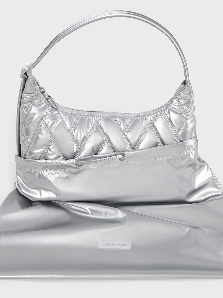 Nylon Chevron Shoulder Bag, Silver, hi-res