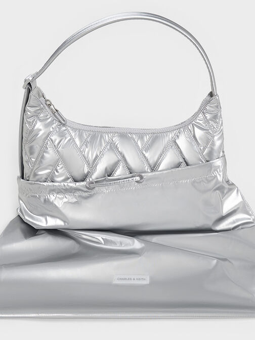 Nylon Chevron Shoulder Bag, Silver, hi-res