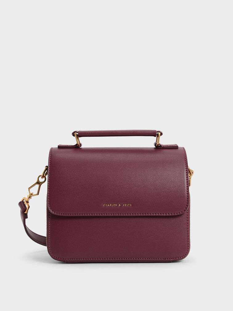Front Flap Top Handle Crossbody Bag, Burgundy, hi-res