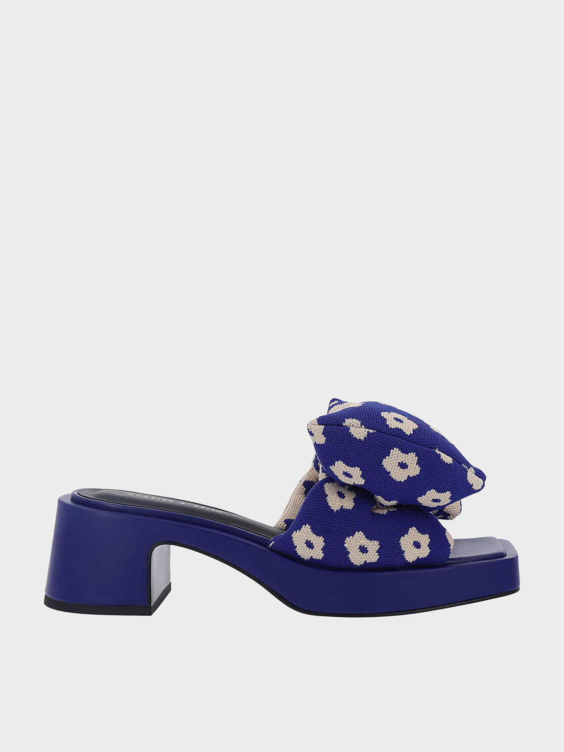 Floral Puffy Bow Heeled Mules, Blue, hi-res