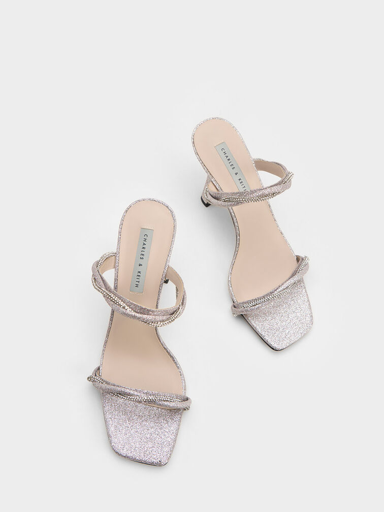 Embellished Twisted Strap Glittered Sandals, Silver, hi-res