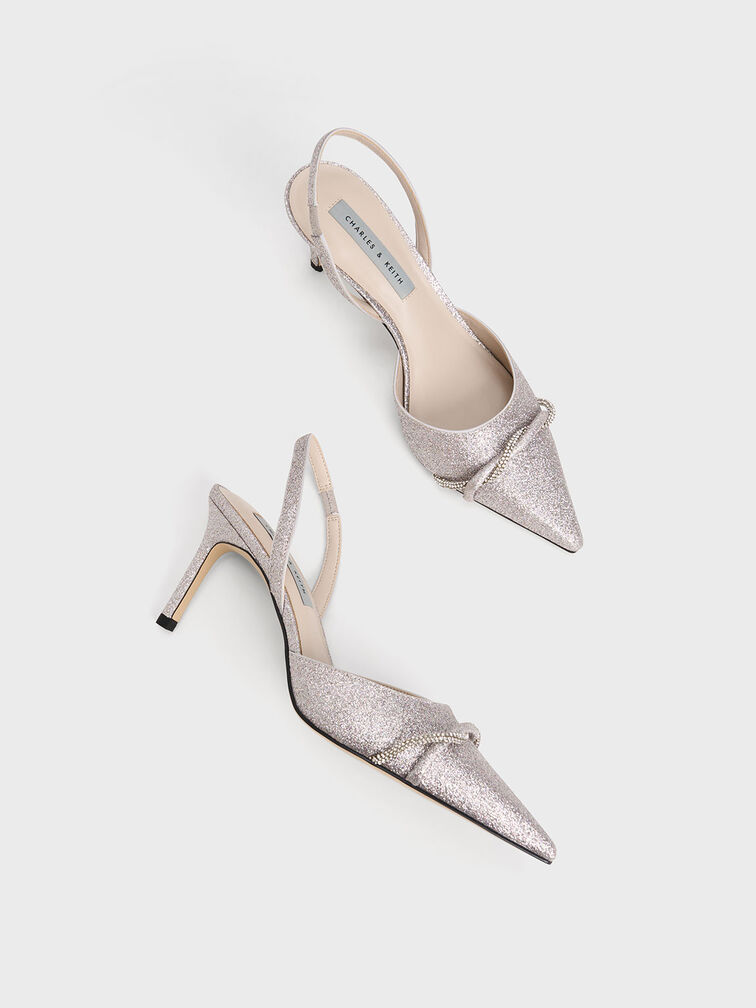 Twist Detail Glittered Slingback Pumps, Silver, hi-res