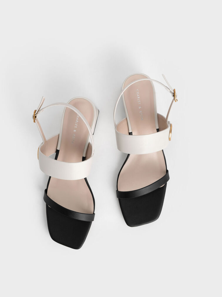 Metallic Accent Trapeze Heel Sandals, Black Textured, hi-res