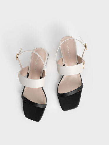 Metallic Accent Trapeze Heel Sandals, Black Textured, hi-res