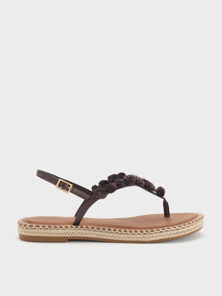 Flower Espadrille Thong Sandals, Dark Brown, hi-res