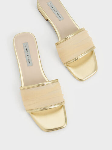 Metallic Chiffon Ruched Slides, Gold, hi-res