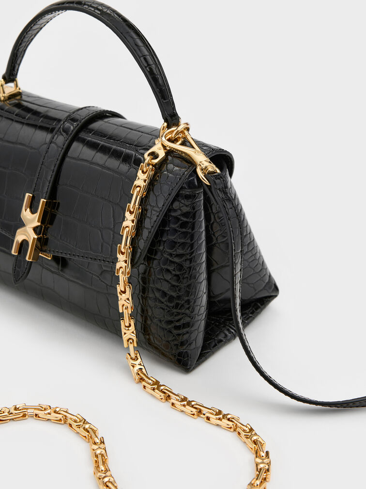 Adalyn Croc-Effect Metallic-Buckle Chain-Strap Top Handle Bag, Black Croco, hi-res