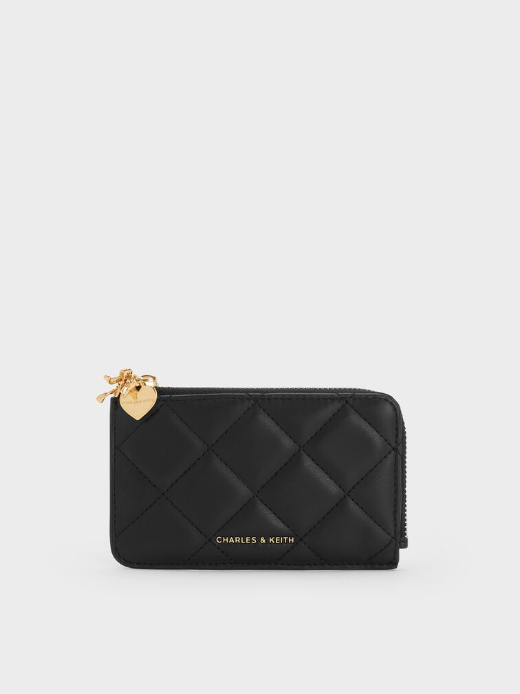 Arrietty Quilted Bow-Heart Charm Zip-Around Wallet, Black, hi-res