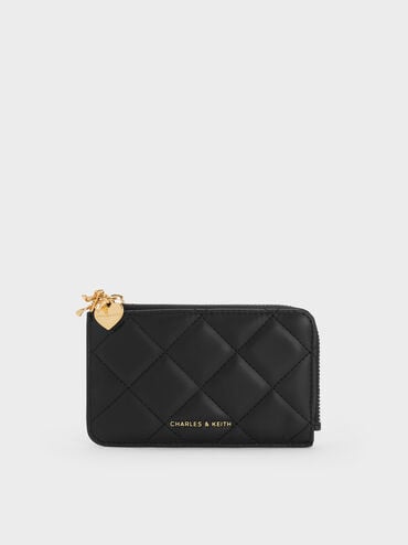 Arrietty Quilted Bow-Heart Charm Zip-Around Wallet, Black, hi-res