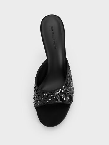 Sequinned Stiletto-Heel Mules, Black Textured, hi-res