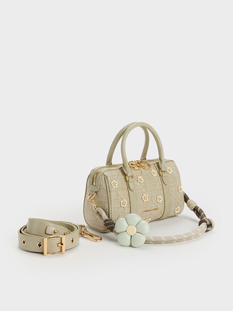 Philomena Raffia Flower Bowling Bag, Pale Olive, hi-res
