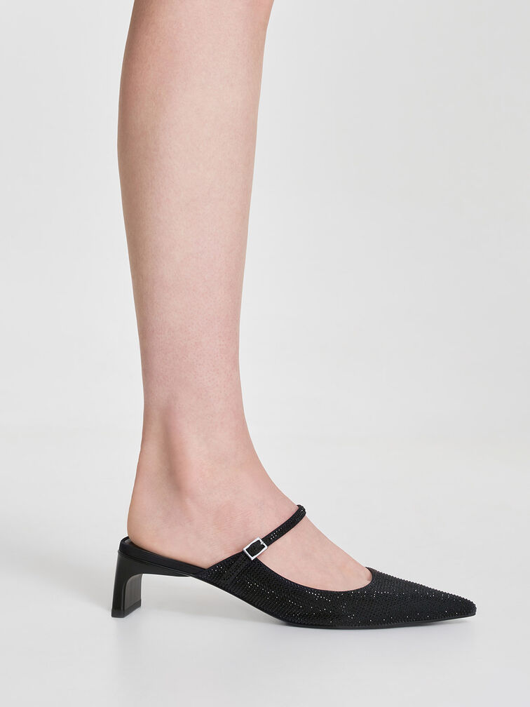 Gem-Embellished Blade Heel Mules, Black, hi-res