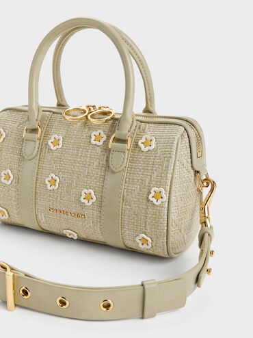 Philomena Raffia Flower Bowling Bag, Pale Olive, hi-res