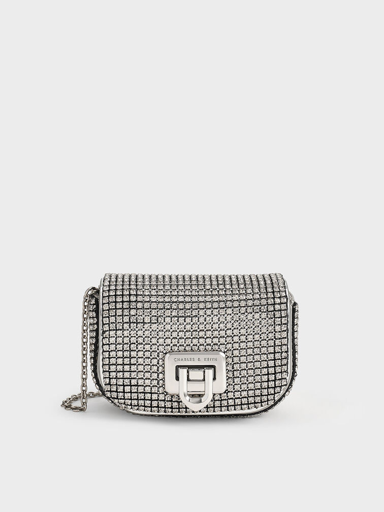 Crystal-Embellished Turn-Lock Mini Bag, Silver, hi-res