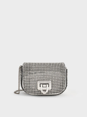 Crystal-Embellished Turn-Lock Mini Bag, Silver, hi-res