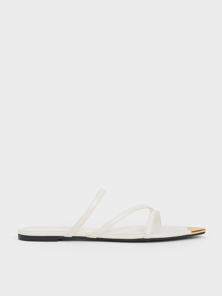 Metallic Cap Strappy Sandals, White, hi-res