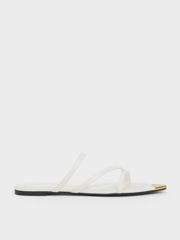 Metallic Cap Strappy Sandals, White, hi-res
