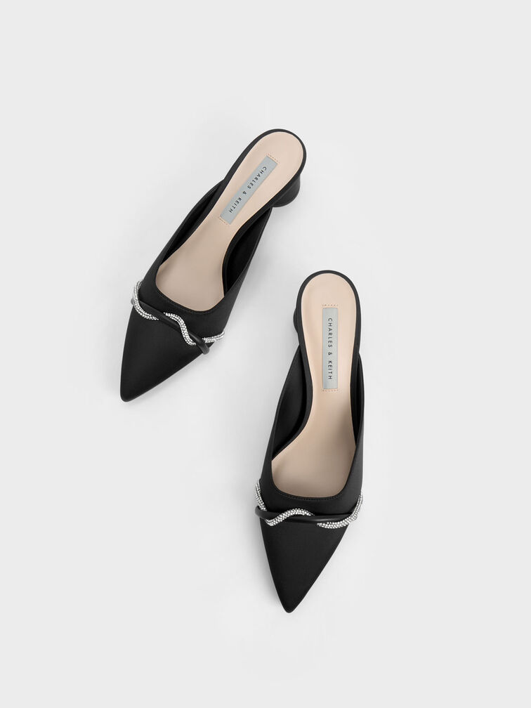 Twist Detail Satin Mules, Black, hi-res