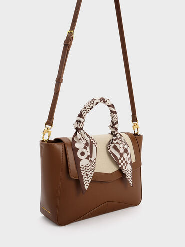 Arley Canvas Scarf-Wrapped Top Handle Bag, Chocolate, hi-res