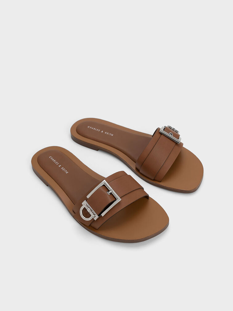 Metallic Buckle Slides, Brown, hi-res