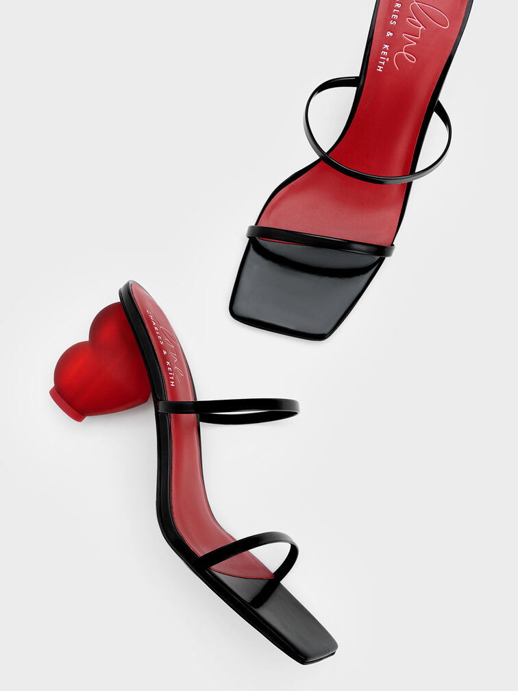 Heart Heel Strappy Sandals, Black, hi-res