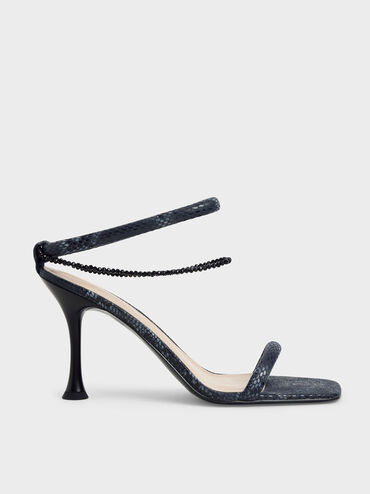 Snake Print Chain Strap Heeled Sandals, Animal Print Blue, hi-res