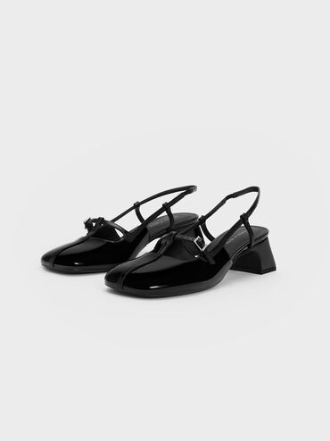 Patent T-Bar Slingback Pumps, Black Patent, hi-res