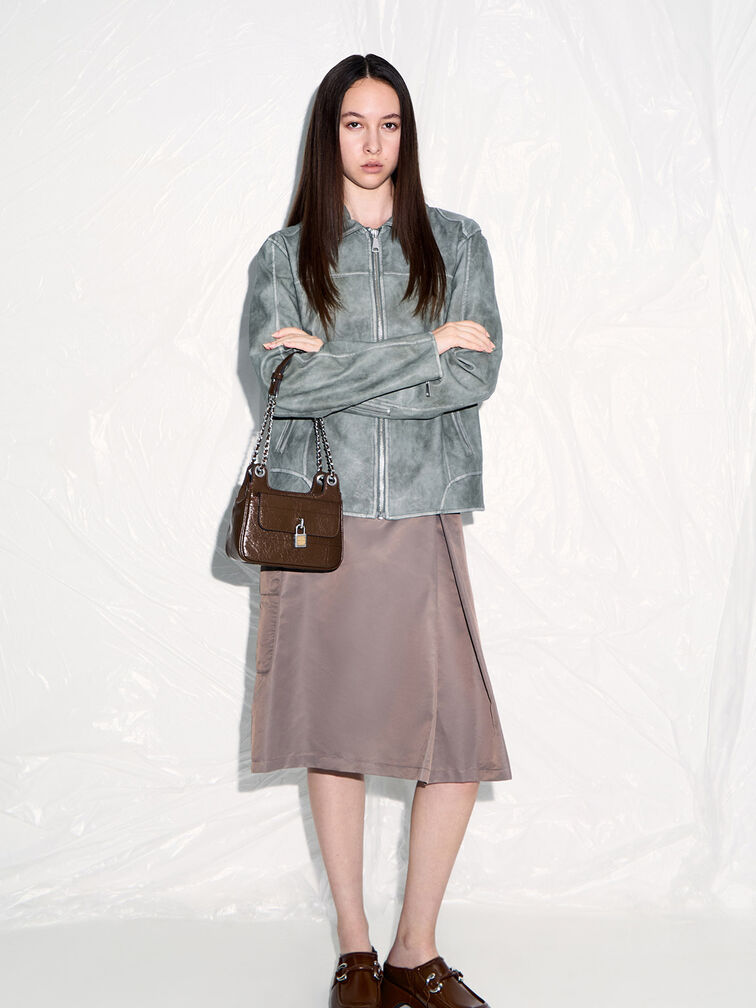 Suki Crinkle-Effect Padlock Shoulder Bag, Dark Brown, hi-res