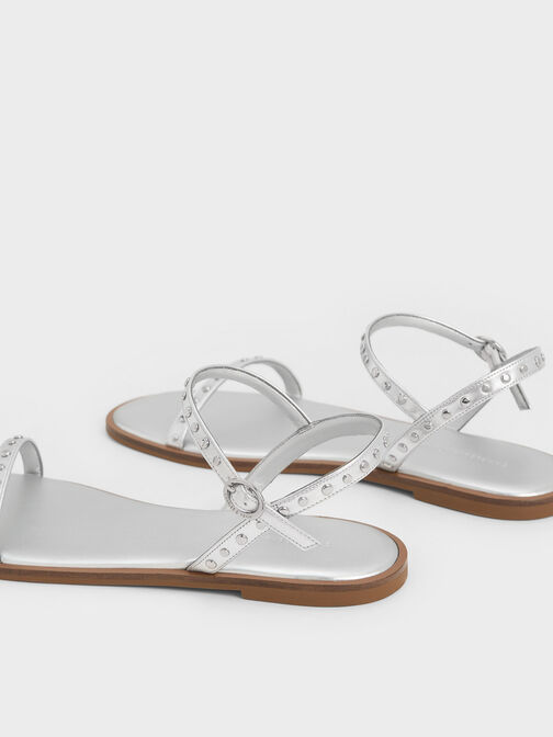 Metallic Studded Open-Toe Sandals, Silver, hi-res