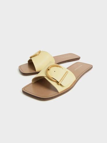 Square Toe Buckled Slides, Yellow, hi-res