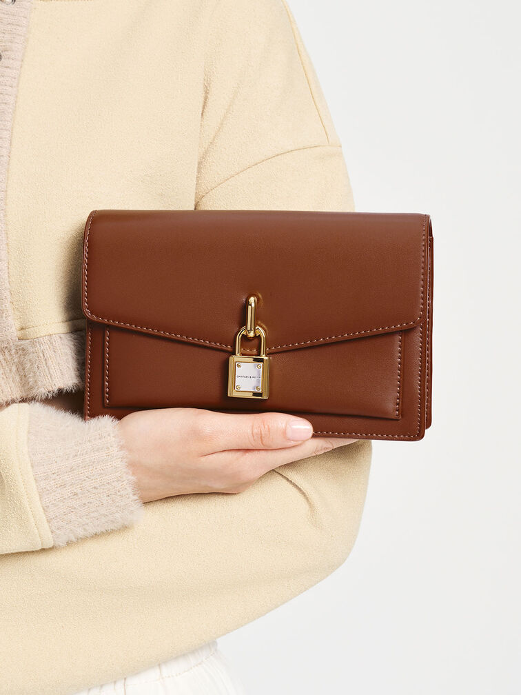 Padlock Envelope Crossbody Bag, Chocolate, hi-res
