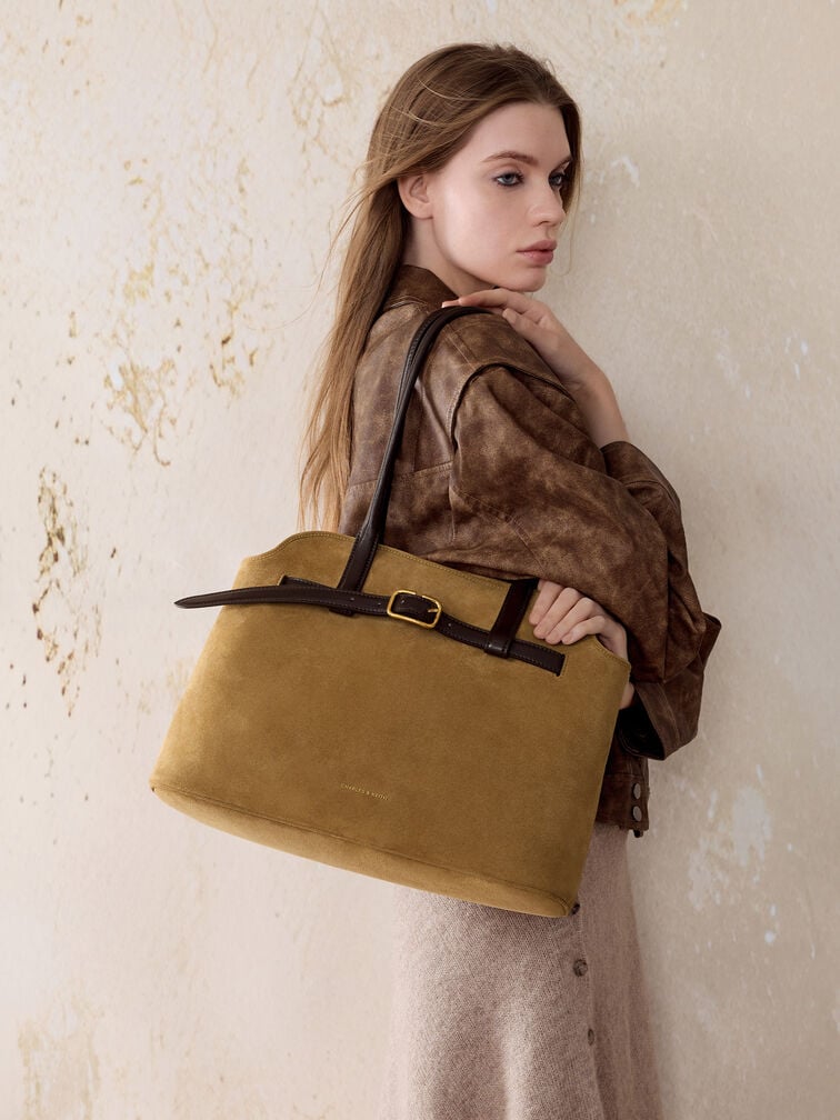 Victoria Recycled Suede Belted Trapeze Tote Bag, Sahara Sand, hi-res