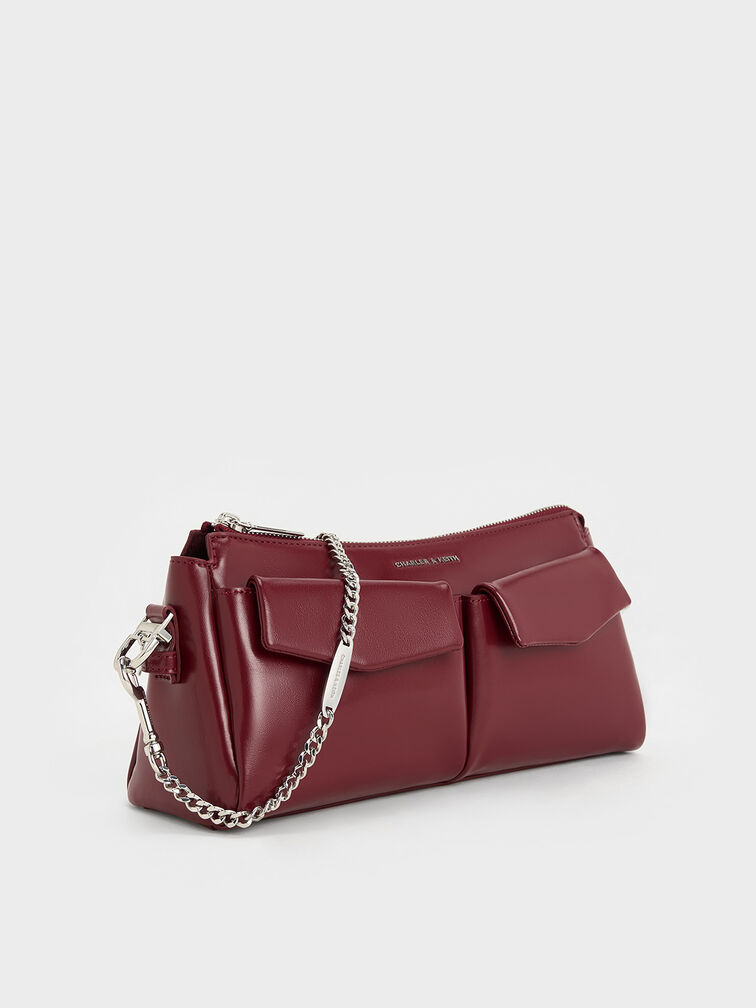 Rachel Elongated Front-Pocket Chain-Handle Bag, Burgundy, hi-res