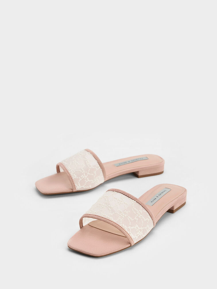 Bead-Embellished Mesh Flat Sandals, Nude, hi-res