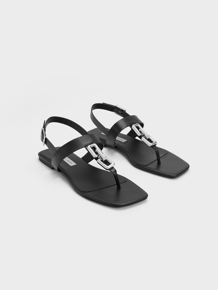 Chain-Link T-Bar Sandals, Black, hi-res