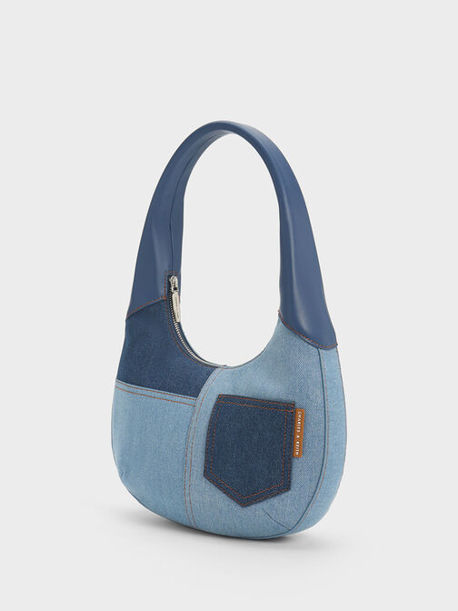 Anthea Denim Contrast-Trim Curved Hobo Bag, Denim Blue, hi-res