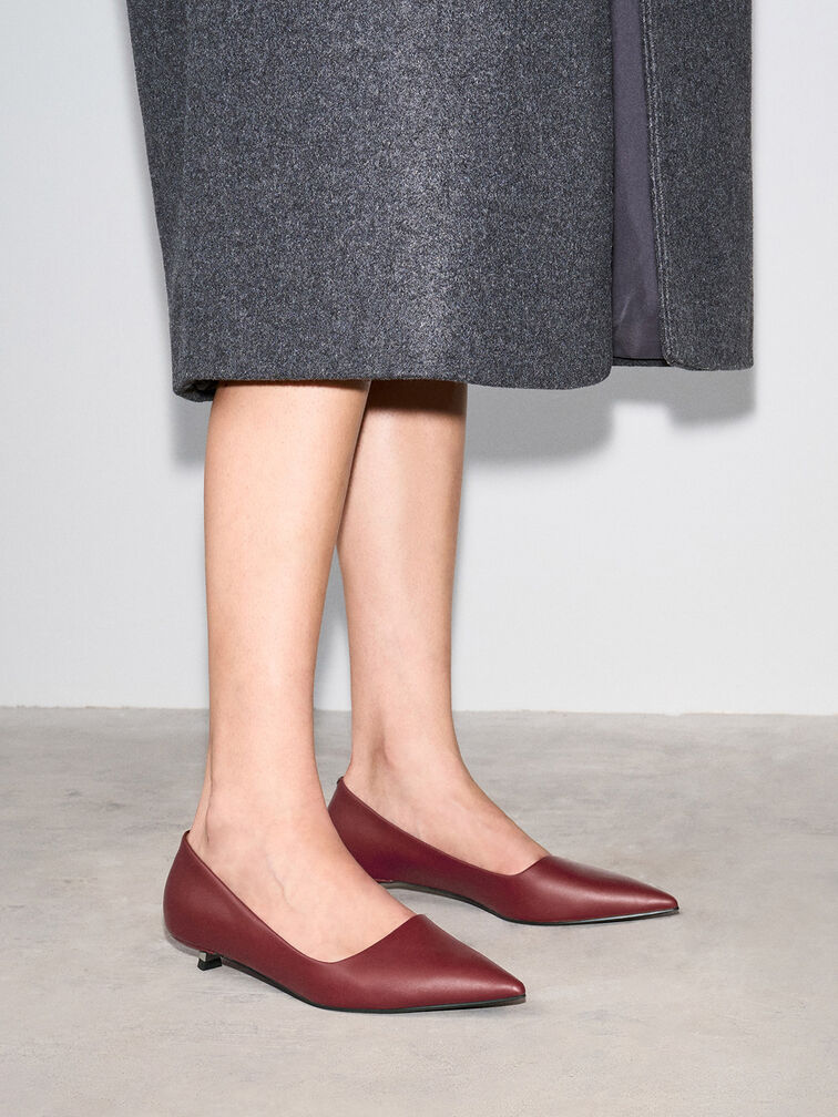Pointed-Toe Kitten-Heel Pumps, Burgundy, hi-res
