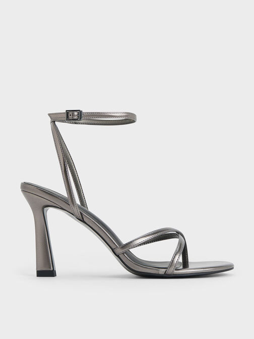 Metallic Crossover-Strap Heeled Sandals, Pewter, hi-res