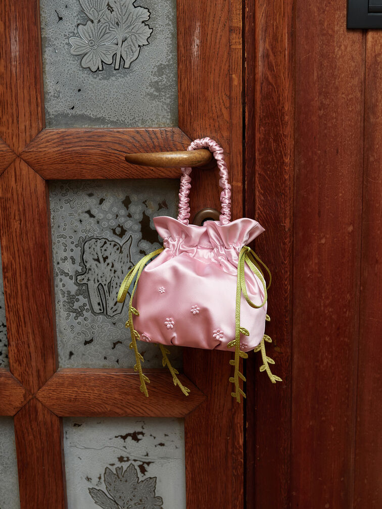 Mabel Satin Floral-Vine Bucket Bag, Pink, hi-res